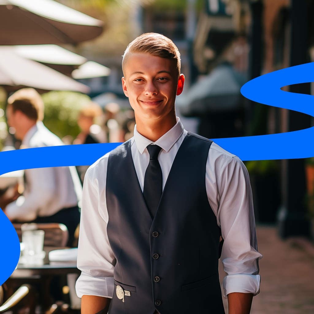 Young man with waiter uniform standing outside at a patio restaurant in Charleston, SC